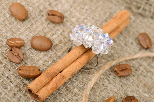 Handmade light blue nacre womens ring with beads of adjustable size - MADEheart.com