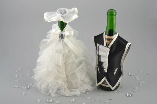 Handmade clothes for bottles in shape of suit and wedding dress made of satin - MADEheart.com