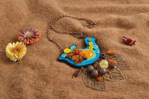 Handmade colorful necklace made of leather with natural gems in the form of a bird  - MADEheart.com