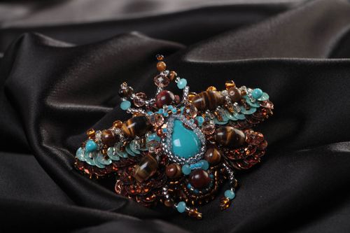 Beautiful volume handmade designer beaded brooch with natural stones blue Bug - MADEheart.com