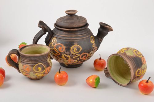 Geschirr Set handgemachte Keramik schöne Teekanne und Tassen aus Ton originell - MADEheart.com