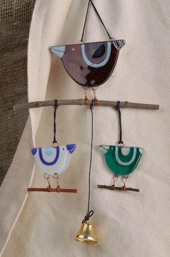 Handmade designer glass wall hanging decoration colorful birds with bell - MADEheart.com