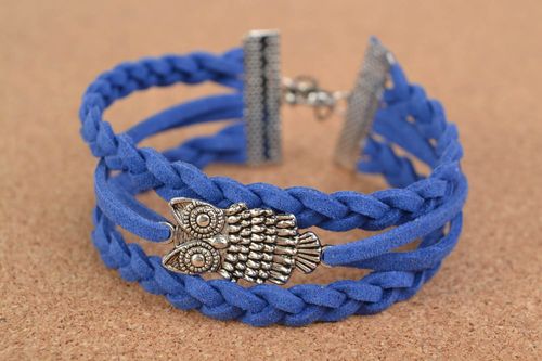 Handmade stylish suede cord blue bracelet with charm owl beautiful accessory - MADEheart.com