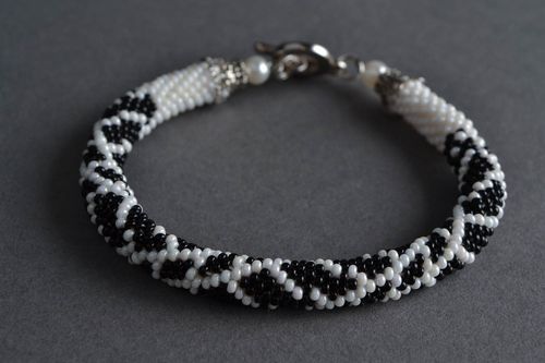 Womens handmade designer woven beaded cord bracelet black and white - MADEheart.com