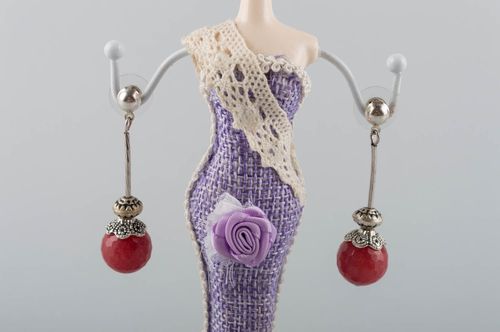Handmade long dangling latten earrings with nephrite beads for true ladies - MADEheart.com