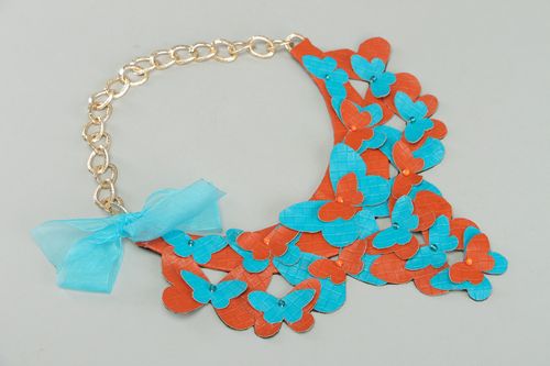 Handmade motley two colored faux leather necklace on chain with bow - MADEheart.com