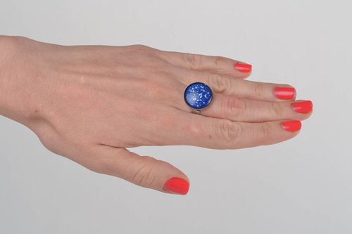 Unusual handmade round top zodiac ring made of glass and metal basis Sagittarius - MADEheart.com