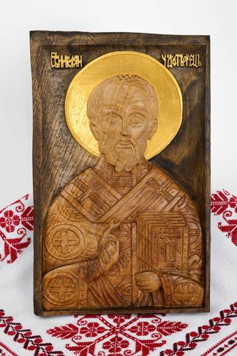 Handmade Nikolaus Ikone geschnitzt aus Holz Wohn Accessoire orthodoxe Ikone  - MADEheart.com