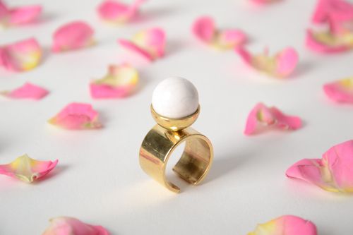 Handmade laconic adjustable metal seal ring with white porcelain bead for women - MADEheart.com