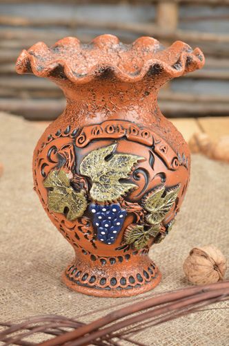 Vase en argile fait main modelé marron peint de couleurs design original 30 cl - MADEheart.com