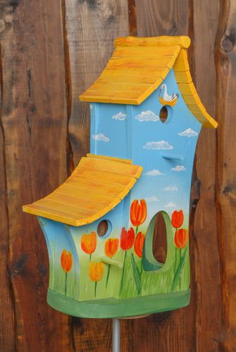Large wooden birdhouse feeder with painting - MADEheart.com