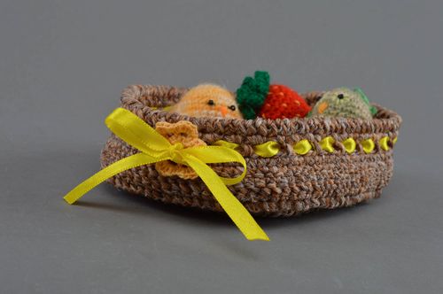 Handmade brown synthetic crocheted toy in the form of basket home decor - MADEheart.com