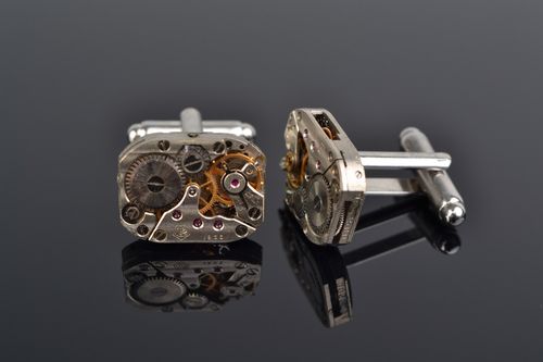 Handmade silvered clock mechanism cufflinks in steampunk style for men - MADEheart.com