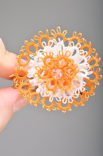 Orange and white handmade woven thread brooch hair clip with double fastening - MADEheart.com