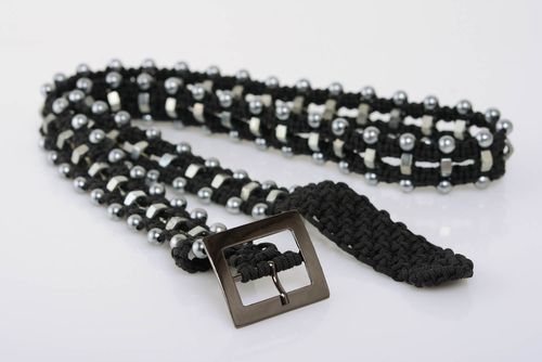 Unusual beautiful handmade black macrame woven belt with stainless steel nuts - MADEheart.com