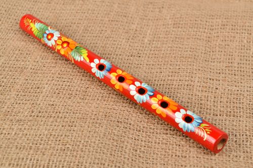 Handmade folk wooden flute with painted with oils in traditional Petrikivka style - MADEheart.com