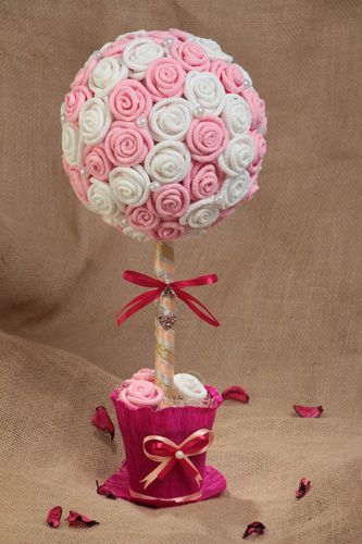 Handmade decorative topiary tree with white and pink paper roses with beads - MADEheart.com