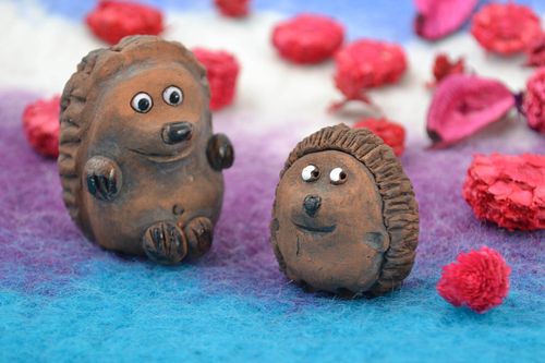 Set of small handmade painted ceramic statuettes 2 pieces Funny Hedgehogs - MADEheart.com
