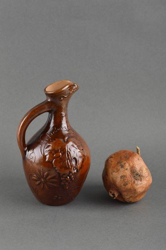 Handmade 30 oz porcelain ceramic 9 inches wine carafe pitcher with molded ornament in brown color 1 lb - MADEheart.com