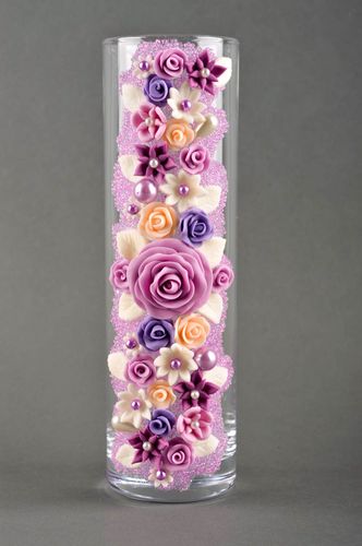 12 inches clear glass decorative flower vase with pink and purple flowers 1,5 lb - MADEheart.com