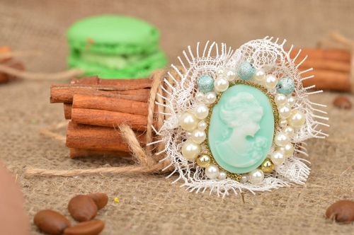 Handmade mint-colored cameo brooch with white lace accessory for women - MADEheart.com