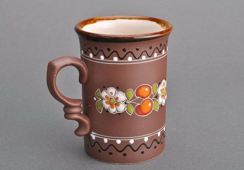 Tall decorative 8 oz glazed cup in brown color with floral design and handle - MADEheart.com