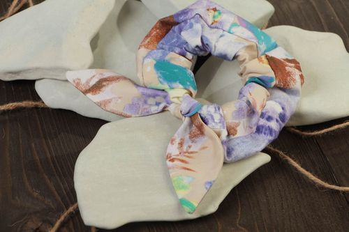 Decorative handmade cotton fabric elastic hair band in pastel colors with bow - MADEheart.com