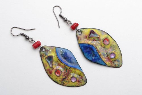 Handmade designer colorful copper dangling earrings coated with enamels Petals - MADEheart.com