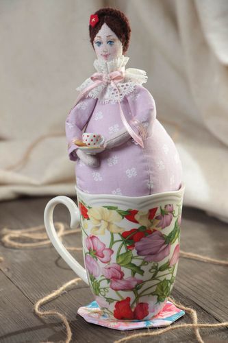 Handmade cotton and linen fabric soft doll Tea Fairy in lilac dress with cup - MADEheart.com