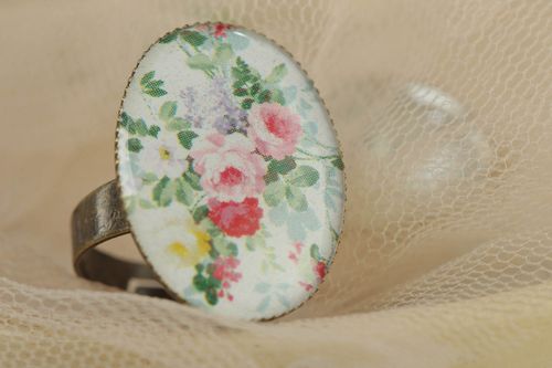 Овальный перстень из стекловидной глазури с цветами ручной работы разъемный - MADEheart.com