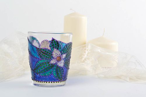 Designer handmade glass candlestick painted with acrylics with blue flowers - MADEheart.com