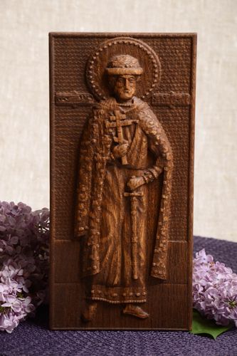 Handmade decorative panel carved wooden icon with St Dmitry Donskoy gift ideas - MADEheart.com