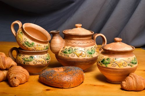Italian style tea ceramic set of a tea kettle, two cups, and sugar pot - MADEheart.com