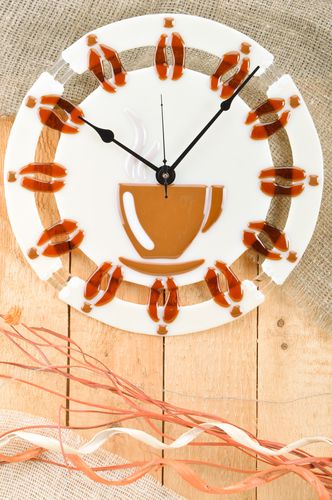 Handmade interior fusing glass wall clock of round shape Coffee for kitchen - MADEheart.com