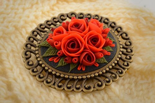 Handmade volume festive vintage brooch with cameo in shape of red roses - MADEheart.com