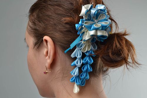 Beautiful handmade designer white and blue satin ribbon flower hairpin - MADEheart.com