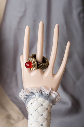 Handmade red stylish elegant massive ring made of brass with Czech crystal - MADEheart.com
