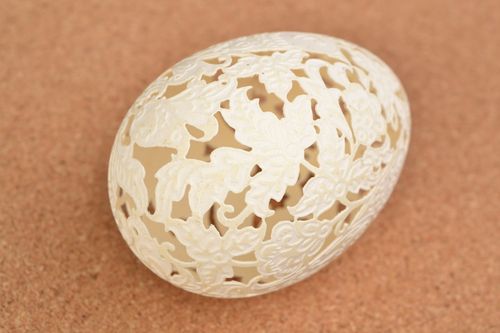 White handmade Easter goose egg for decor vinegar etching technique - MADEheart.com