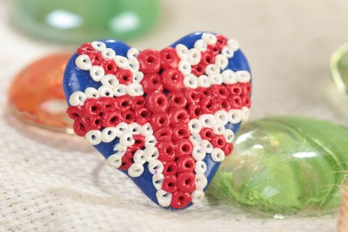 Handmade designer heart shaped polymer clay ring on metal basis Union Jack - MADEheart.com