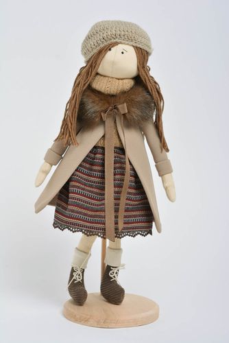 Small handmade beautiful fabric soft doll girl in coat for gift and home decor - MADEheart.com