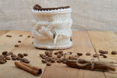 Cute handmade cup cozy knitted of white woolen threads with tiny metal lock - MADEheart.com