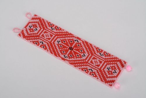 Handmade wide bead bangle red bracelet with Ukrainian ornament - MADEheart.com