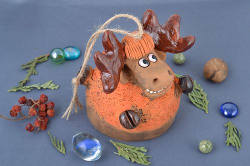 Handmade decorative painted bell molded of red clay in the shape of deer  - MADEheart.com
