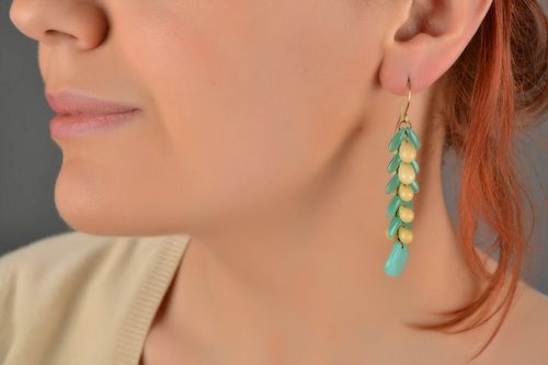 Handmade long dangling earrings with beige and mint colored glass beads - MADEheart.com