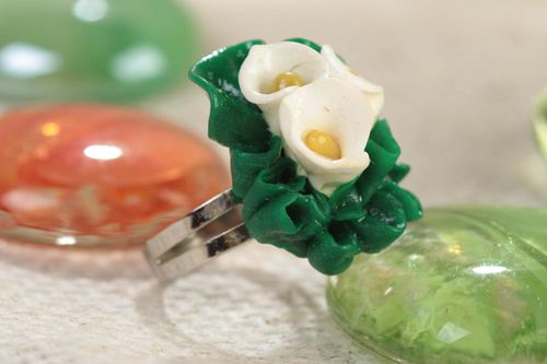 Handmade jewelry ring on metal basis with polymer clay white calla lily flowers - MADEheart.com