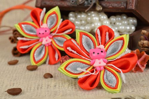 Set of 2 handmade decorative childrens hair ties with colorful flowers - MADEheart.com