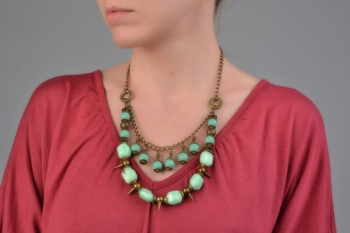 Handmade multi row necklace with glass beads of mint color and metal prickles  - MADEheart.com
