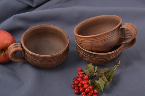 Set of 3 (three) 8 oz red clay cups for tea with handle 1,54 lb - MADEheart.com