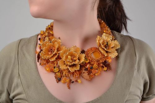 Handmade fall necklace made of beads and natural stones of amber color - MADEheart.com