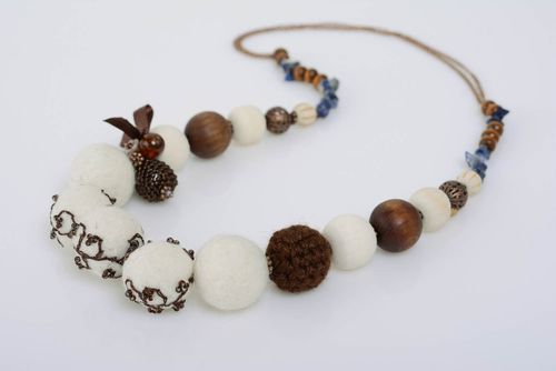 Beautiful necklace made of wool and felt white with brown handmade accessory - MADEheart.com